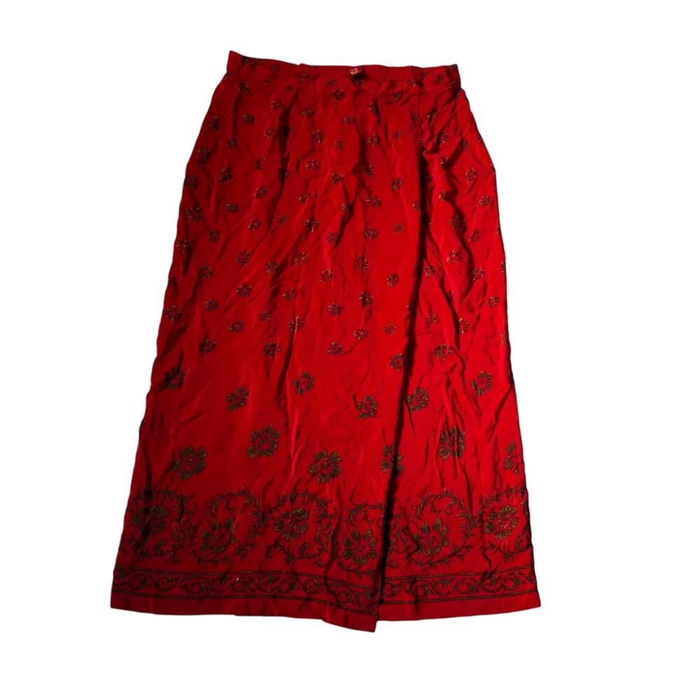 Jennifer Moore Red Floral Silk Long Skirt Women's Size 14 | 47-23